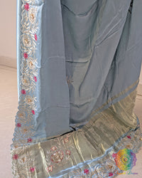 Dabka embroidery detail on powder blue silk saree