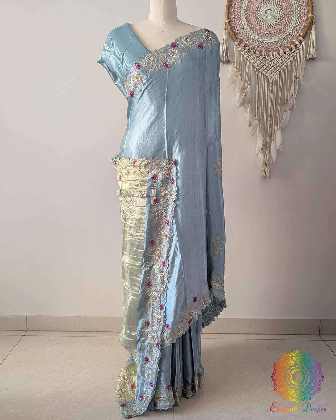 Powder blue Gaji silk dabka handwork saree open view