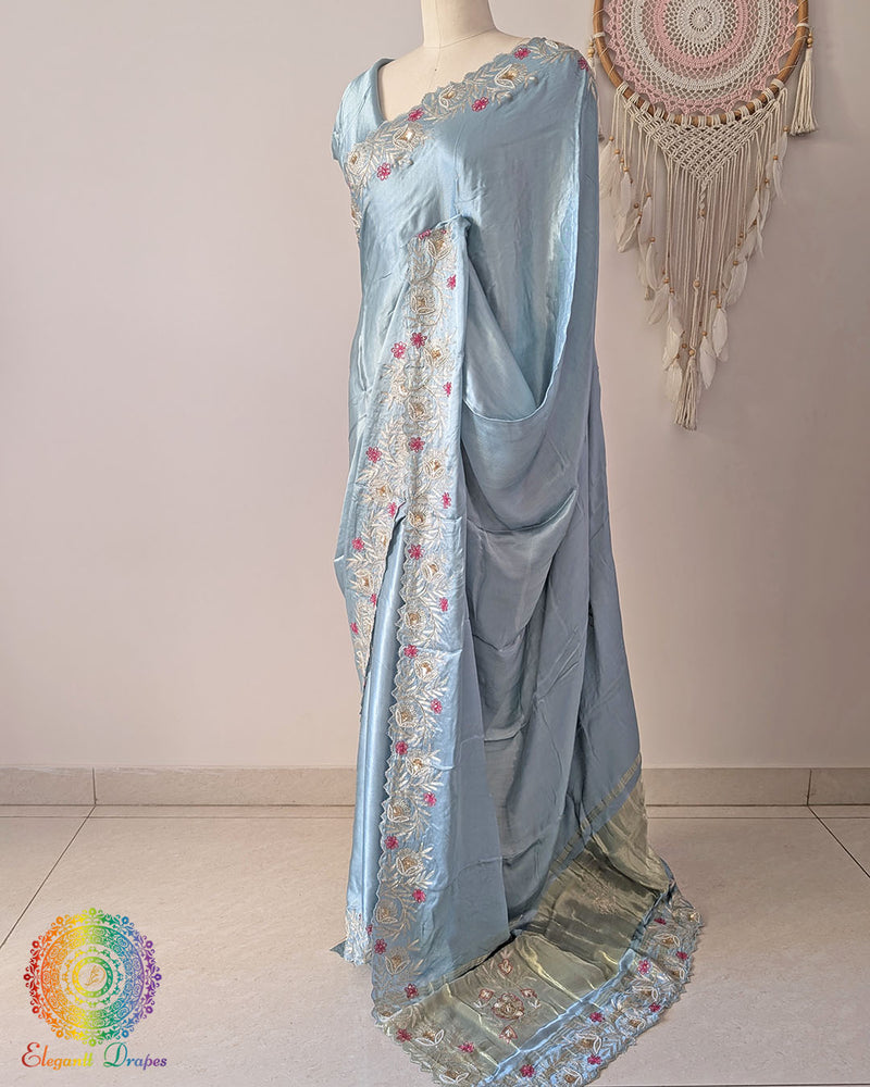 Powder blue Gaji silk dabka handwork saree border detail