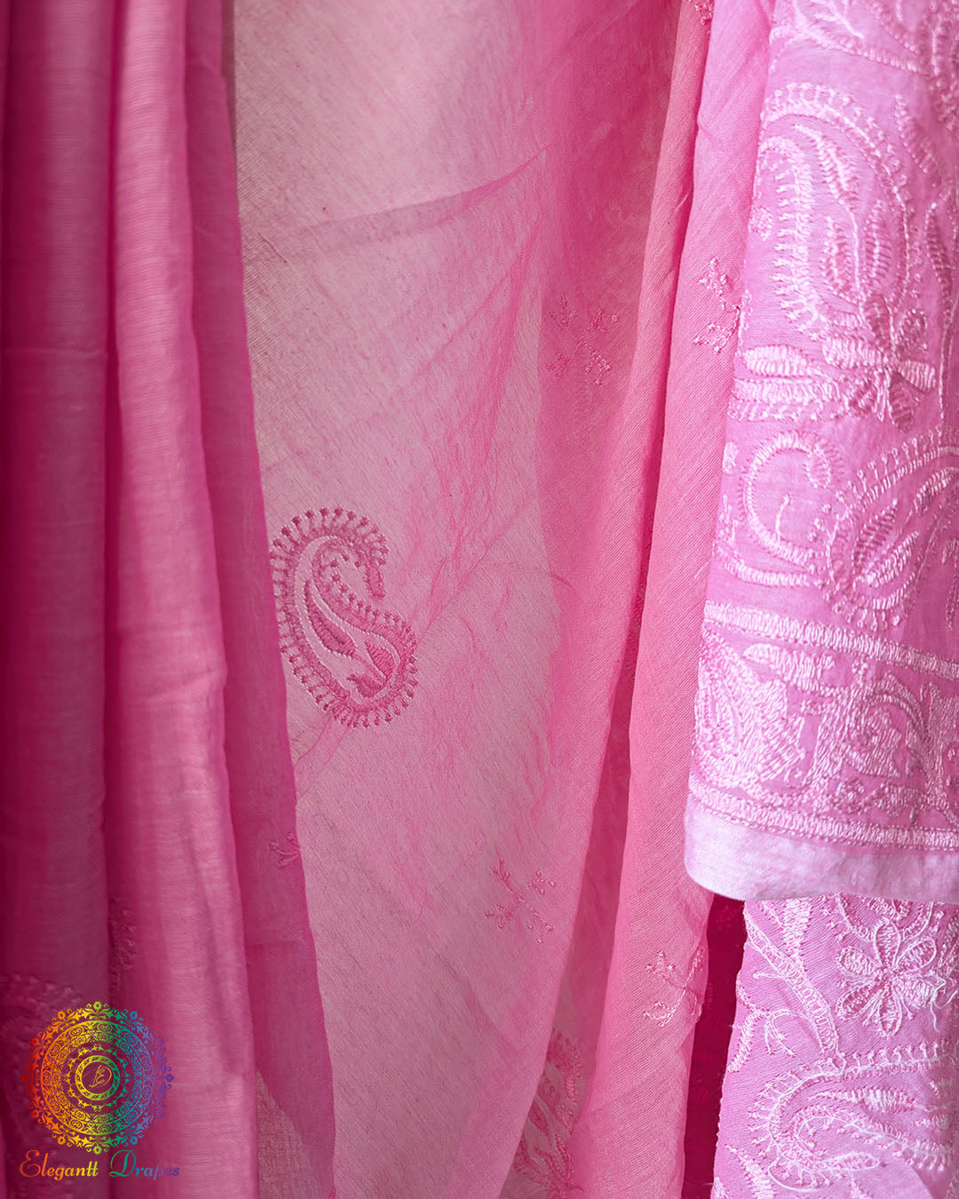 Baby Pink Mul Cotton Saree with heavy Chikankari-inspired machine embroidery