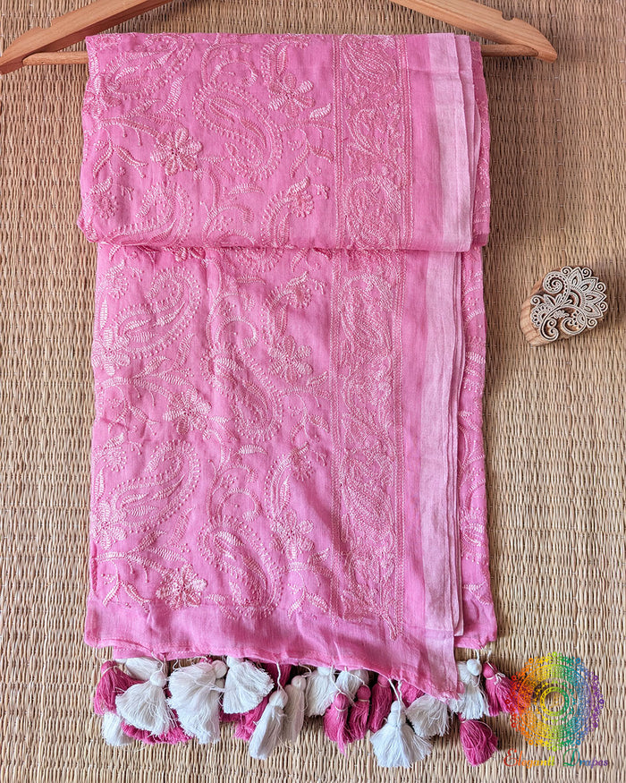 Baby Pink Bengal Mul Cotton Saree with Chikankari Threadwork