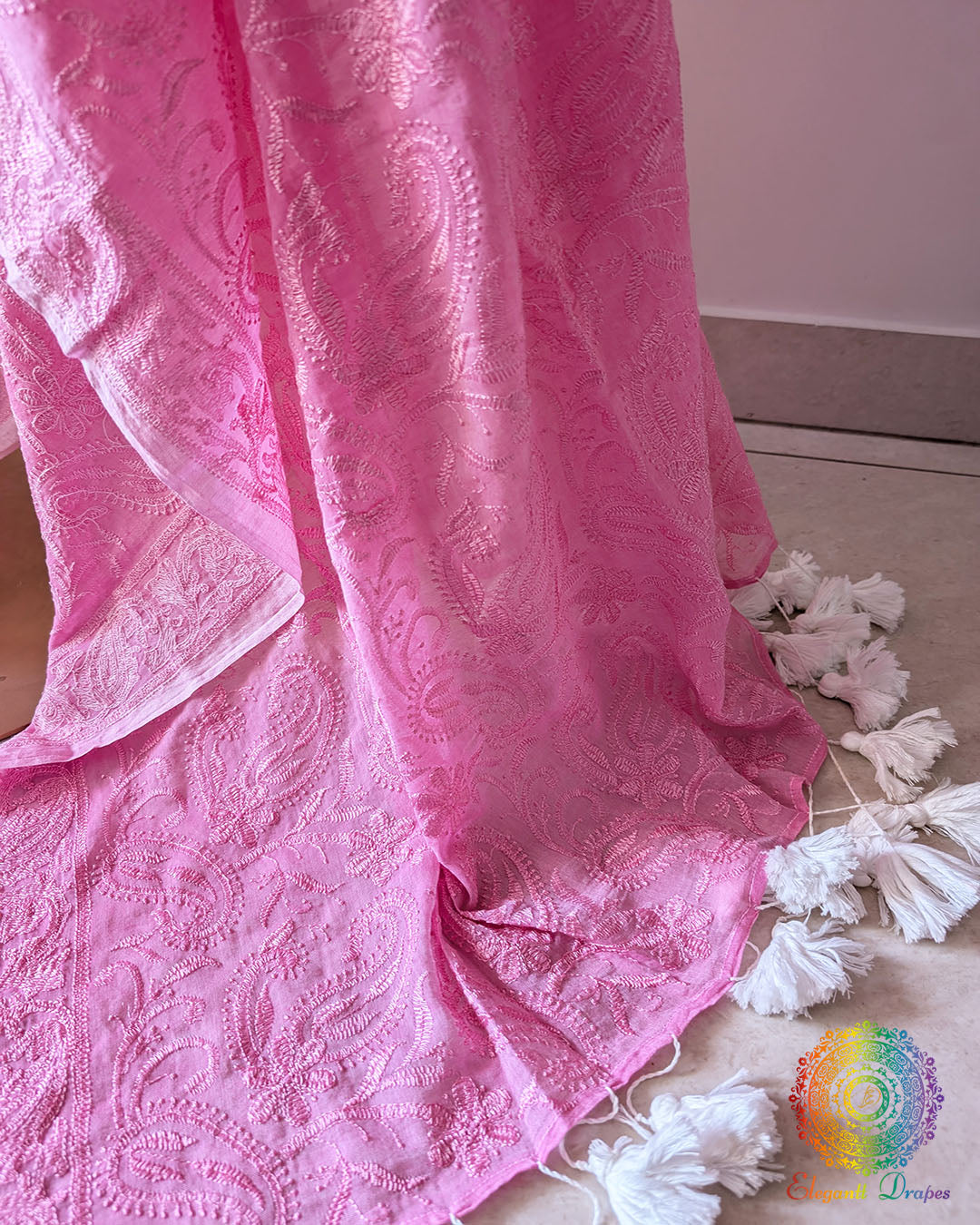 Close-up of heavy Chikankari-inspired threadwork on Baby Pink Mul Cotton Saree