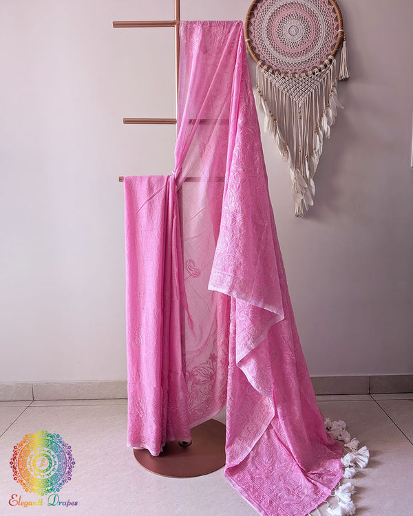 Baby Pink Mul Cotton Saree with Chikankari-inspired Threadwork full view
