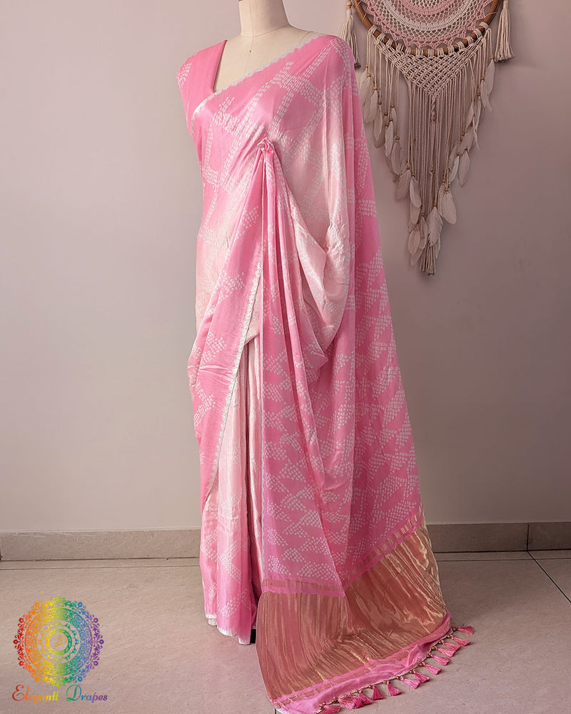 Baby pink pure Gaji silk Bandhani saree side view