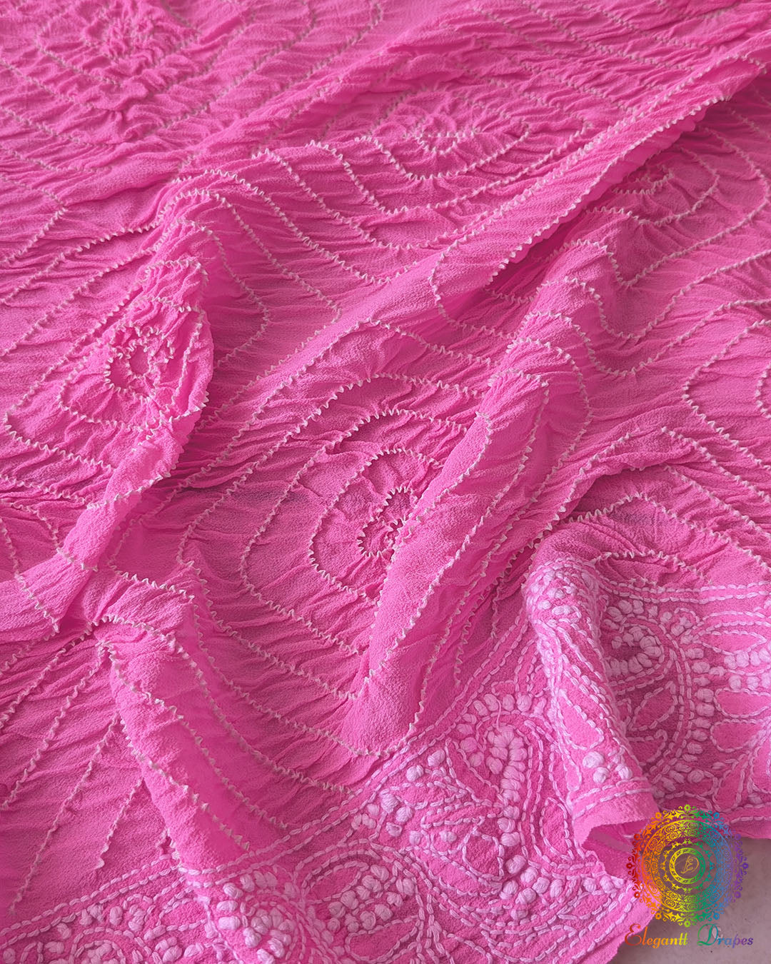 Baby Pink Rai Bandhej Pure Georgette Dupatta with Chikankari border