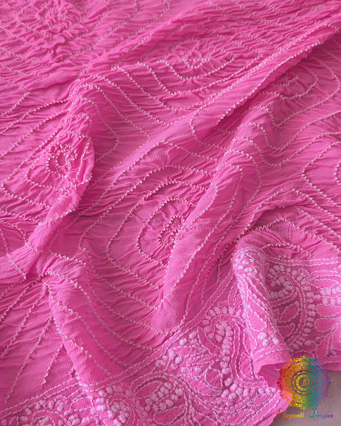 Baby Pink Rai Bandhej Pure Georgette Dupatta with Chikankari border