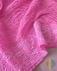 Close-up of Chikankari border and Rai Bandhej detailing on Baby Pink Georgette Dupatta