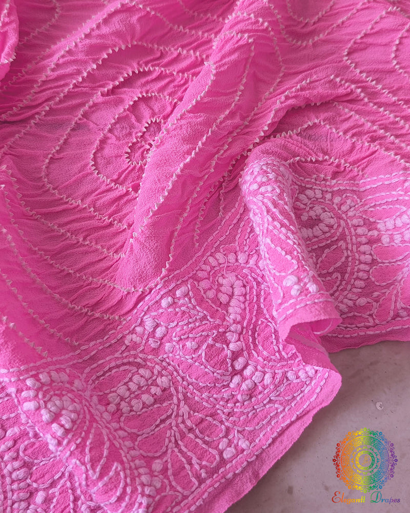 Close-up of Chikankari border and Rai Bandhej detailing on Baby Pink Georgette Dupatta