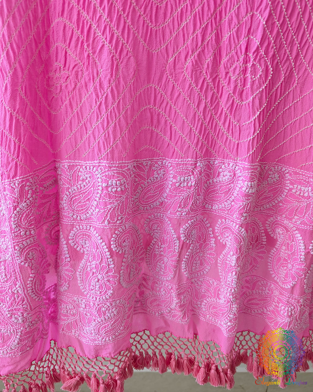 Close-up of all-over Rai Bandhej detailing on Baby Pink Pure Georgette Dupatta