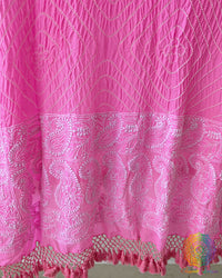 Close-up of all-over Rai Bandhej detailing on Baby Pink Pure Georgette Dupatta