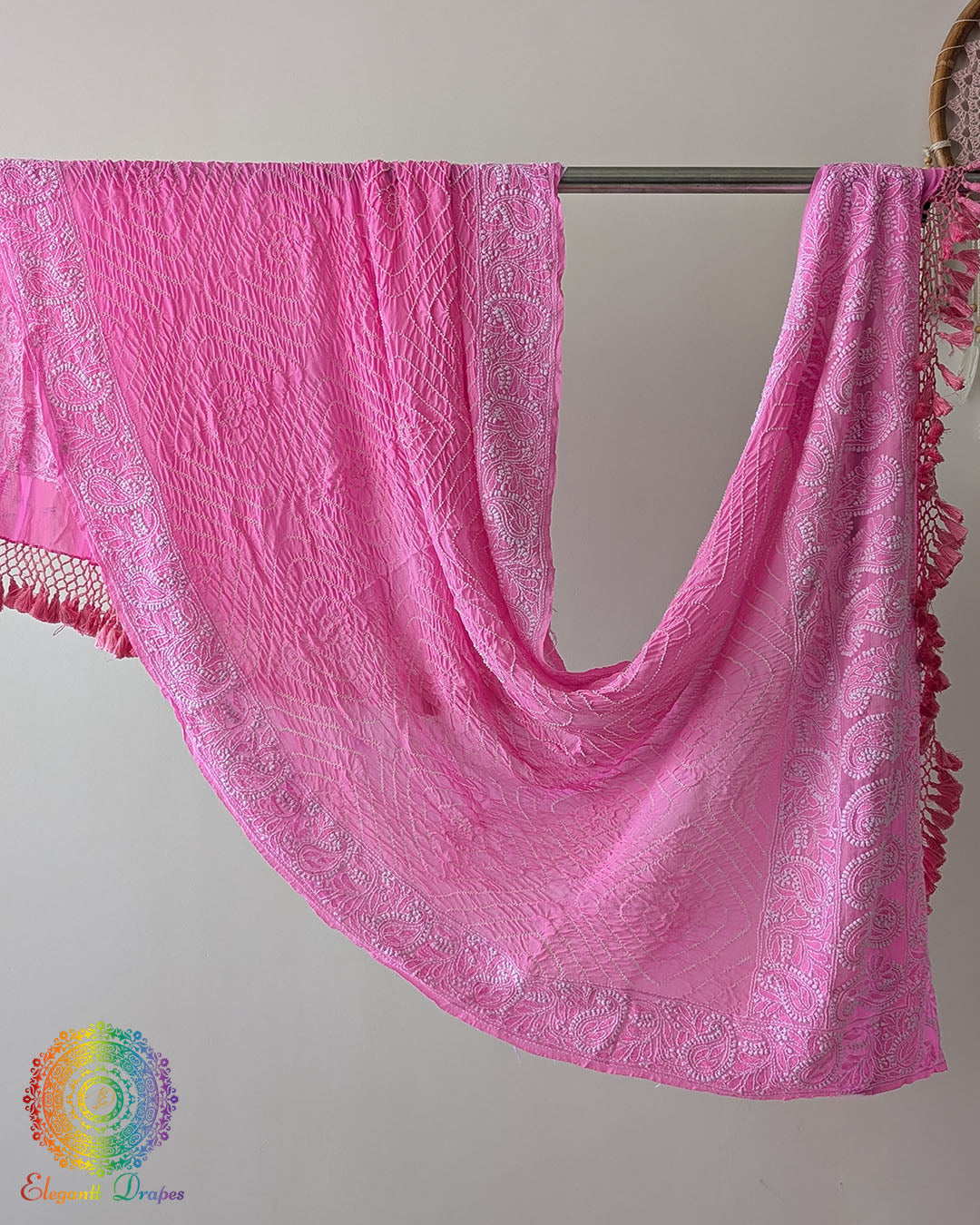 Baby Pink Chikankari Rai Bandhej Pure Georgette Dupatta full view
