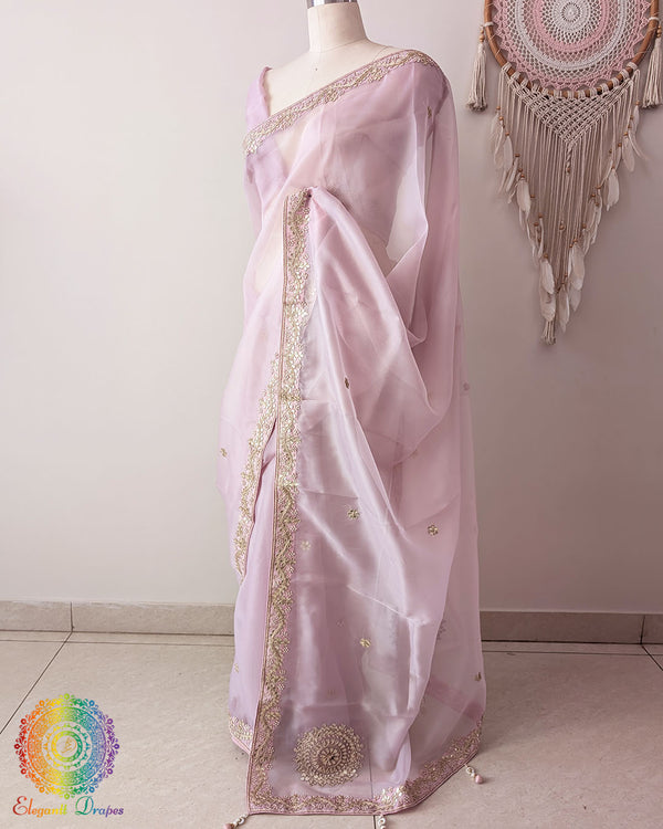 Baby Pink Tissue Organza Saree side view with Gota Patti Handwork