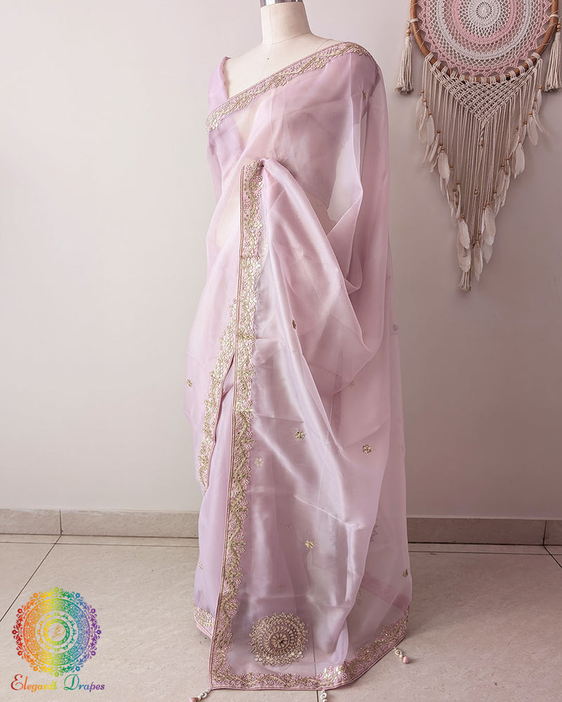 Baby Pink Tissue Organza Saree side view with Gota Patti Handwork