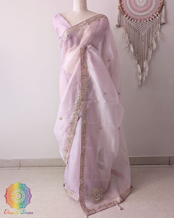Grand palla view of Baby Pink Tissue Organza Saree with Gota Patti Handwork