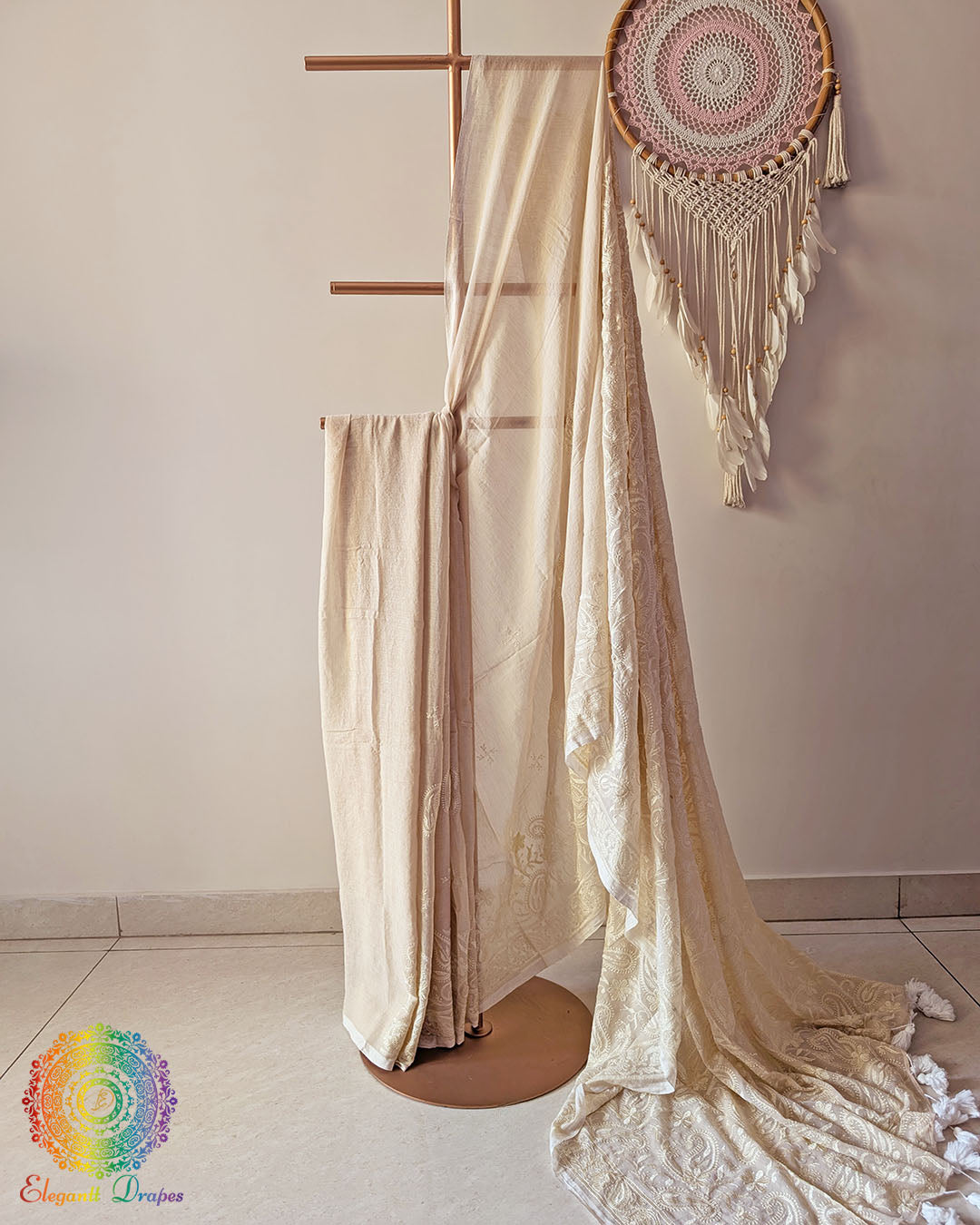 Beige Bengal cotton saree with Chikankari-inspired threadwork showing full drape