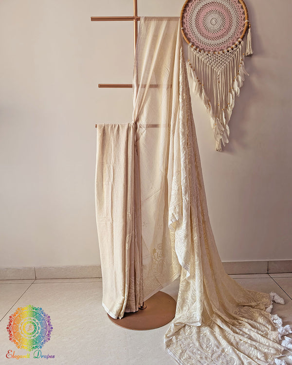Beige Bengal cotton saree with Chikankari-inspired threadwork showing full drape