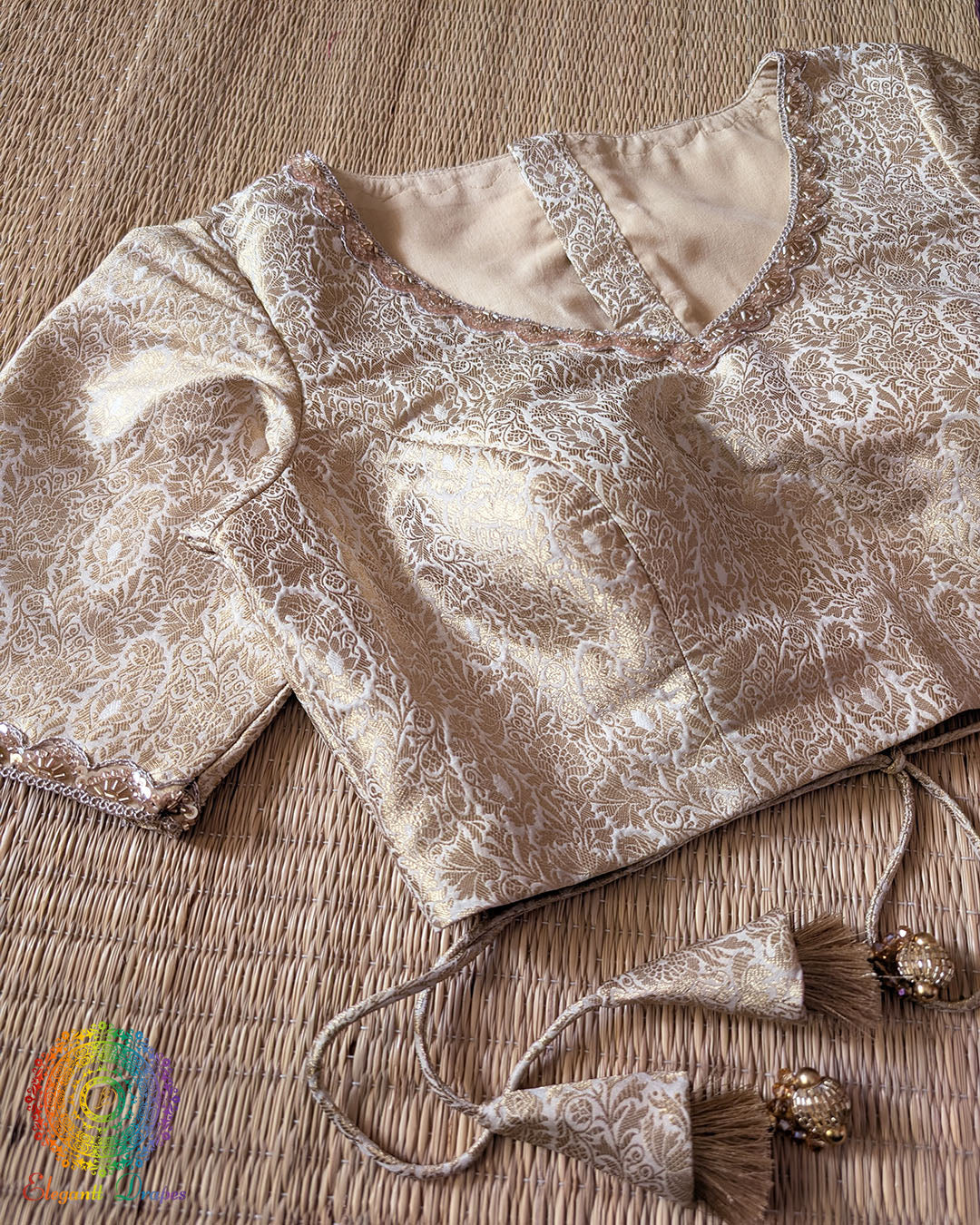 Champagne Beige Banarasi Brocade Designer Blouse front view with woven floral motifs