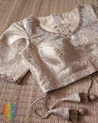 Champagne Beige Banarasi Brocade Designer Blouse front view with woven floral motifs