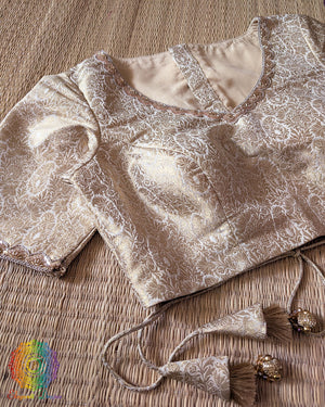 Champagne Beige Banarasi Brocade Designer Blouse front view with woven floral motifs