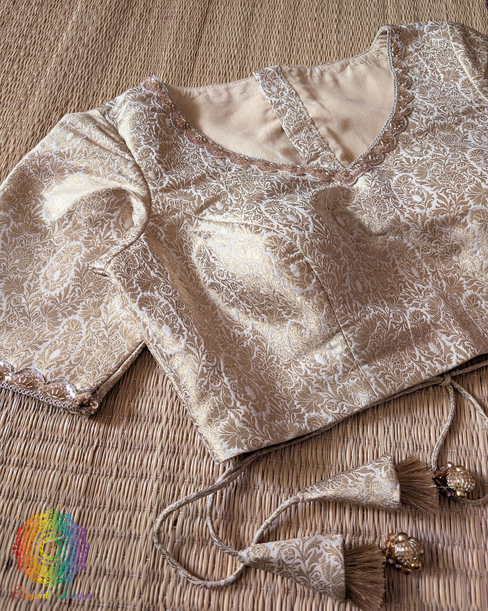 Champagne Beige Banarasi Brocade Designer Blouse front view with woven floral motifs