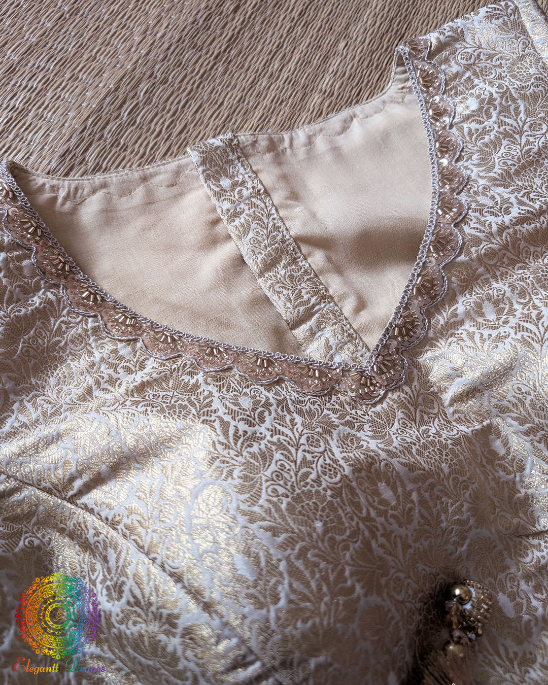 Neckline beadwork detail on the Champagne Beige Banarasi Brocade Designer Blouse