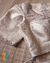 Sleeve detail of the Champagne Beige Banarasi Brocade Designer Blouse with hand-embellished beadwork