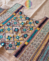 Close-up of Lambani hand embroidery on Natural Beige Mangalgiri Cotton Blouse Piece back