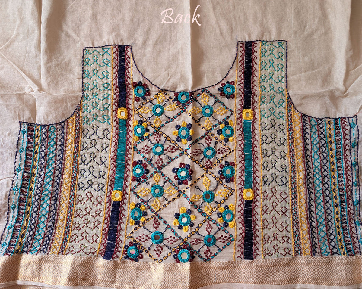 Natural Beige Mangalgiri Cotton Lambani Embroidered Blouse Piece back work
