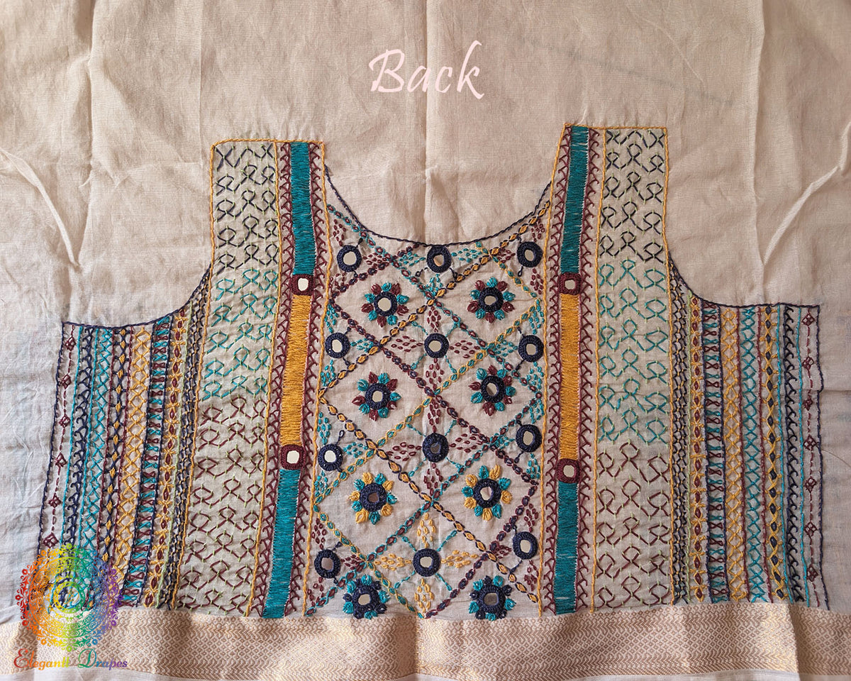 Beige Mangalgiri Cotton Lambani Embroidered Blouse Piece back work