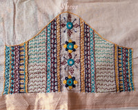 Close-up of Lambani embroidered sleeve on Natural Beige Mangalgiri Cotton Blouse Piece