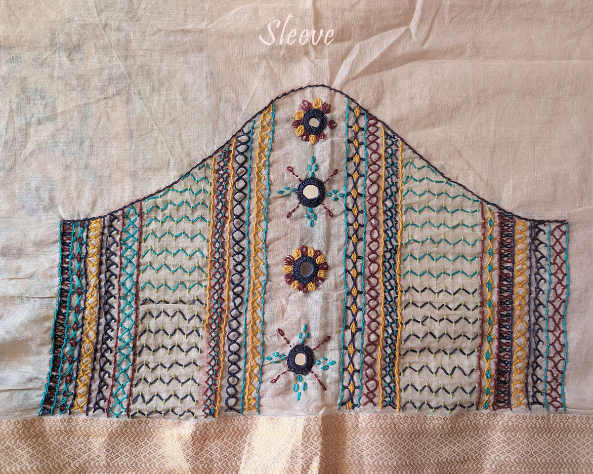 Close-up of Lambani embroidered sleeve on Beige Mangalgiri Cotton Blouse Piece