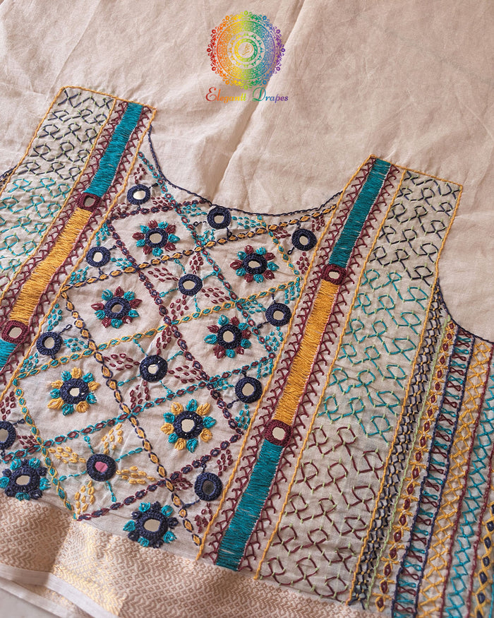 Close-up of Lambani hand embroidery on Beige Mangalgiri Cotton Blouse Piece back