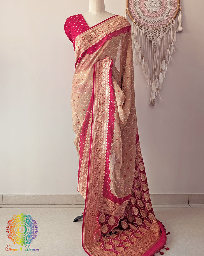 Beige red Banarasi khaddi georgette bandhani saree on mannequin showing full drape