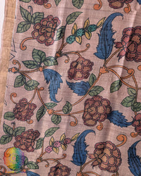 Close-up of intricate hand-painted Kalamkari motifs on Beige Pure Tussar Silk dupatta