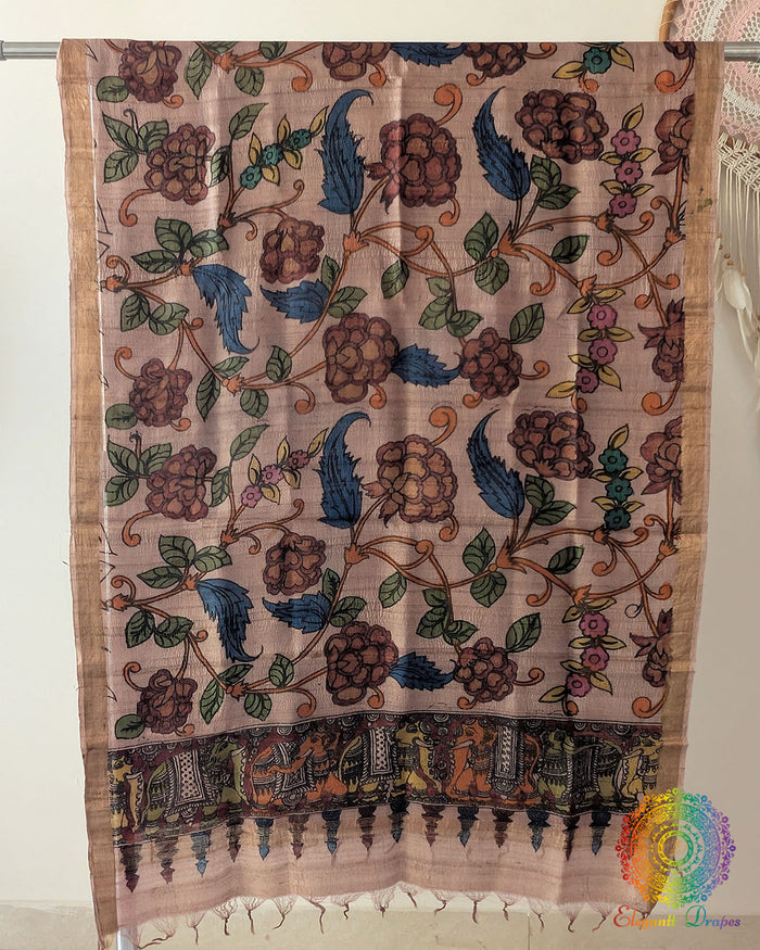 Beige Hand-Painted Kalamkari Pure Tussar Silk Dupatta showcasing traditional artisan painting and natural silk texture