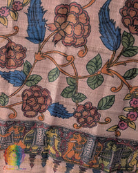Close-up of authentic hand-painted Kalamkari artwork highlighting the rich texture and natural sheen of Beige Pure Tussar Silk dupatta