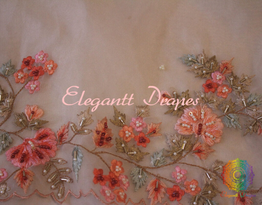 Beige Pure Organza Silk Hand Embroidered Saree