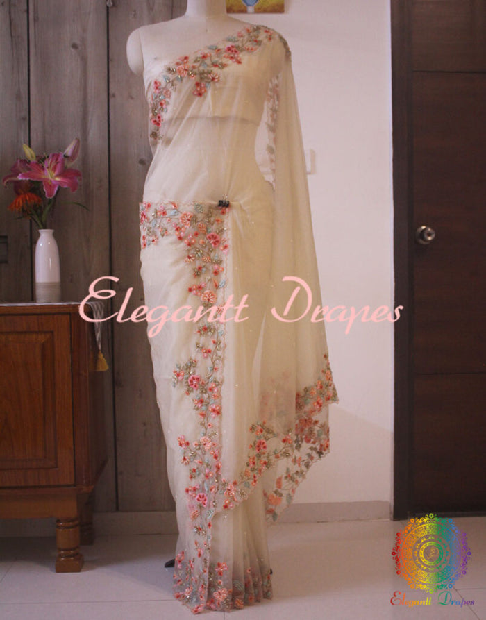 Beige Pure Organza Silk Hand Embroidered Saree