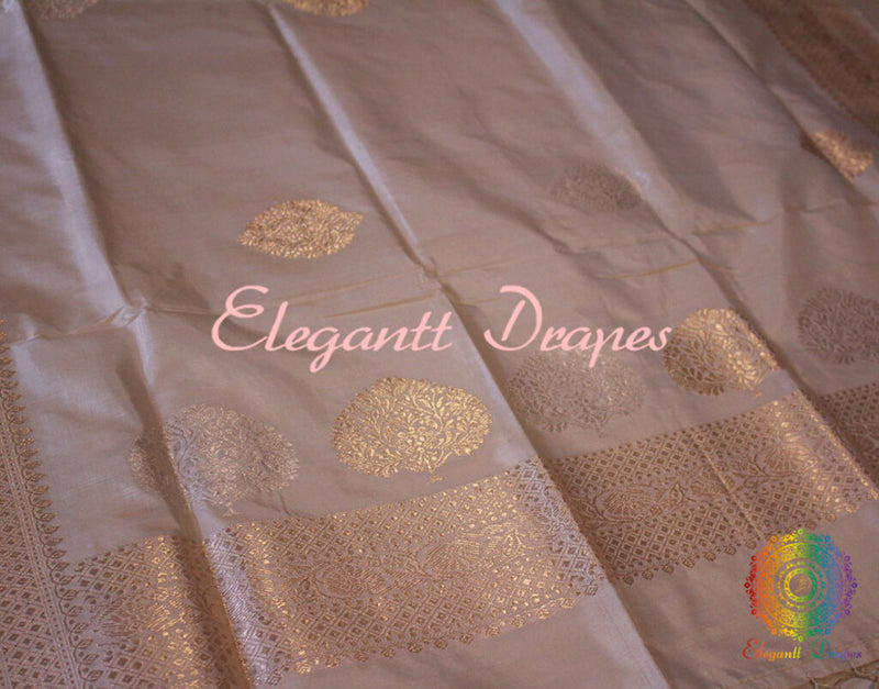 Beige Banarasi Handloom Pure Katan Silk Sona Rupa Dupatta | Elegantt Drapes