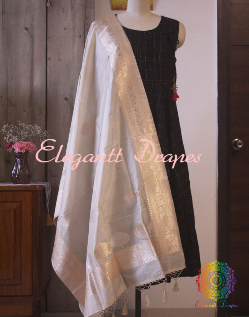 Beige Banarasi Handloom Pure Katan Silk Sona Rupa Dupatta | Elegantt Drapes