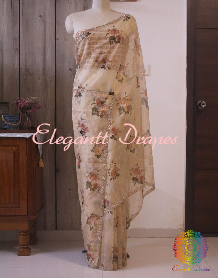 Beige Floral Printed Pure Organza Handwork Saree – Handloom Saree Online India | Elegantt Drapes
