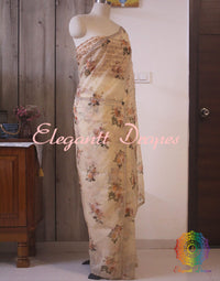 Beige Floral Printed Pure Organza Handwork Saree – Handloom Saree Online India | Elegantt Drapes