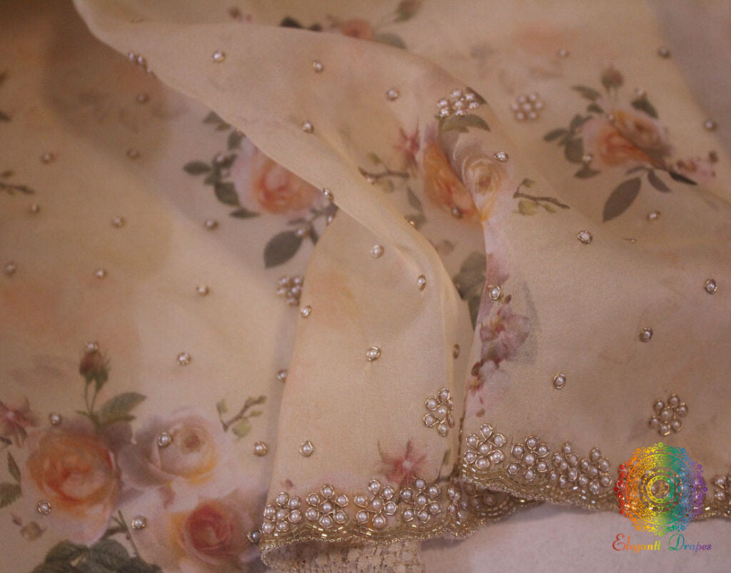 Beige Floral Printed Pure Organza Handwork Saree – Handloom Saree Online India | Elegantt Drapes
