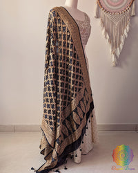 Side view of black Banarasi georgette Gharchola Bandhani dupatta showcasing elegant drape, Gharchola checks, and Bandhani motifs