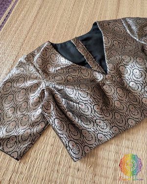 Black Banarasi Brocade Designer Blouse front view with intricate woven brocade motifs