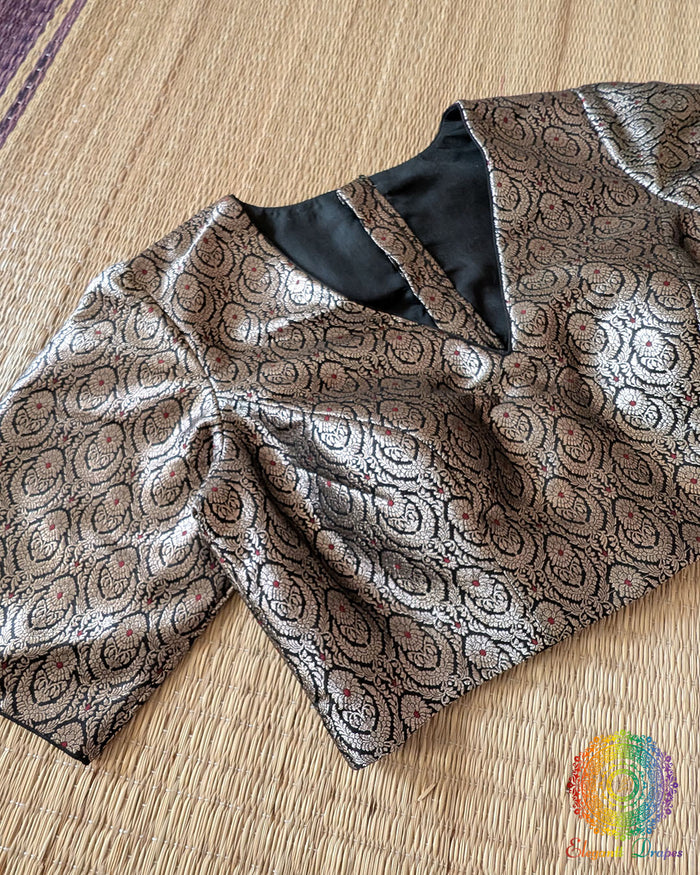 Black Banarasi Brocade Designer Blouse front view with intricate woven brocade motifs