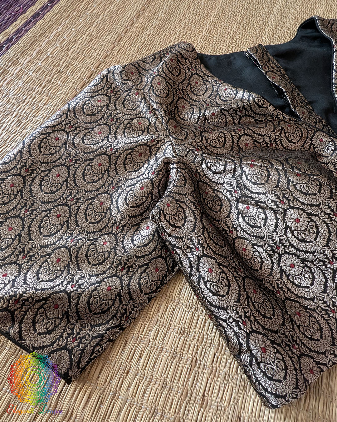 Sleeve detail of the Black Banarasi Brocade Designer Blouse showcasing woven brocade pattern