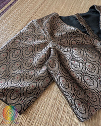 Sleeve detail of the Black Banarasi Brocade Designer Blouse showcasing woven brocade pattern