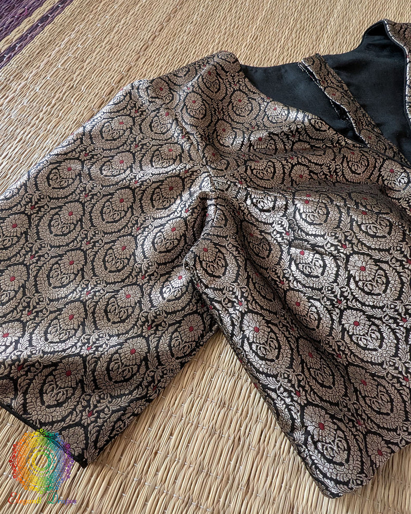 Sleeve detail of the Black Banarasi Brocade Designer Blouse showcasing woven brocade pattern