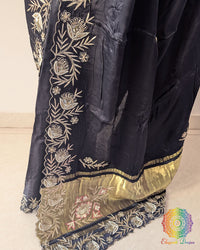 Dabka embroidery detail on black silk saree